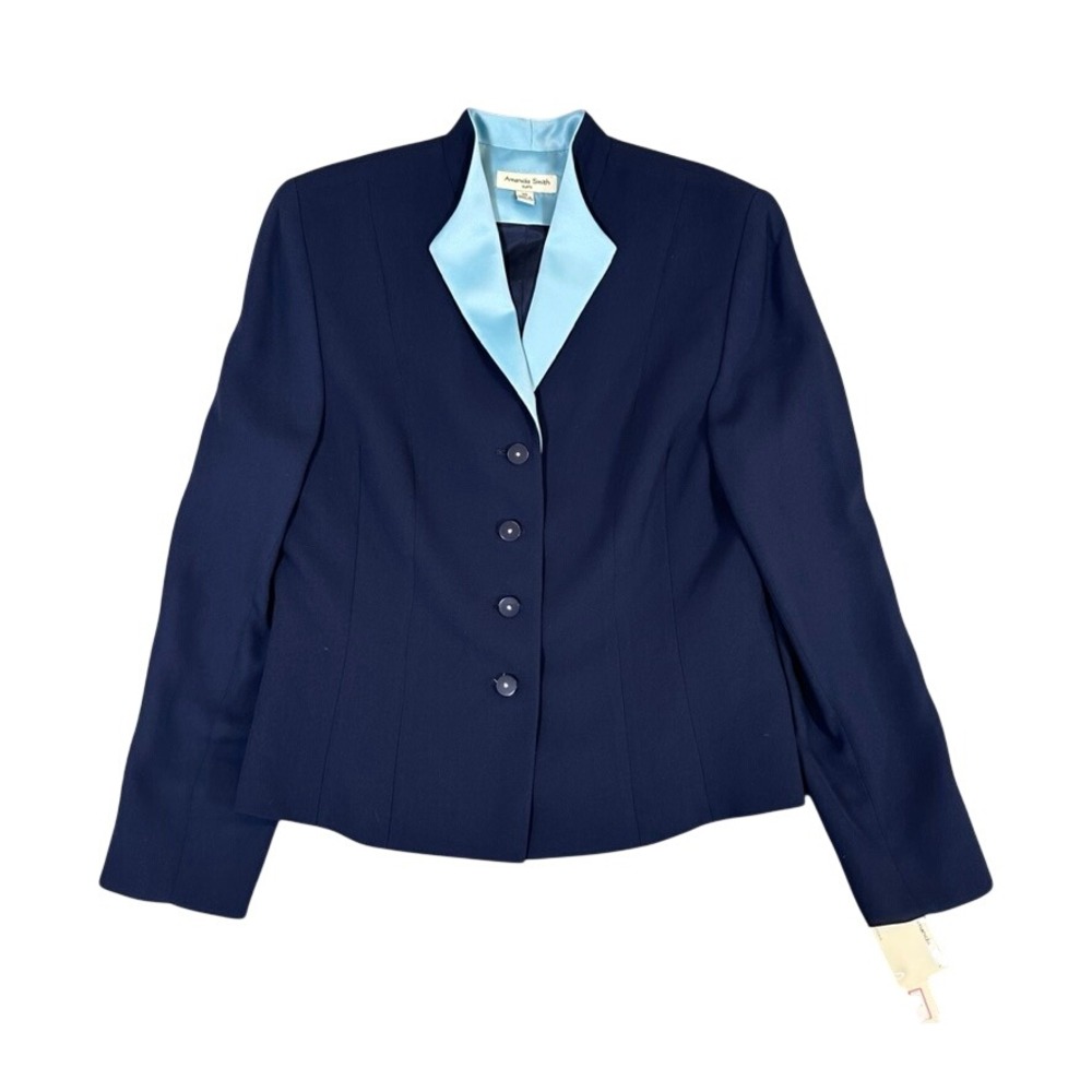 NWT Amanda Smith Navy Blue Blazer Light Blue Satin Lapel Stand Collar Jacket 10